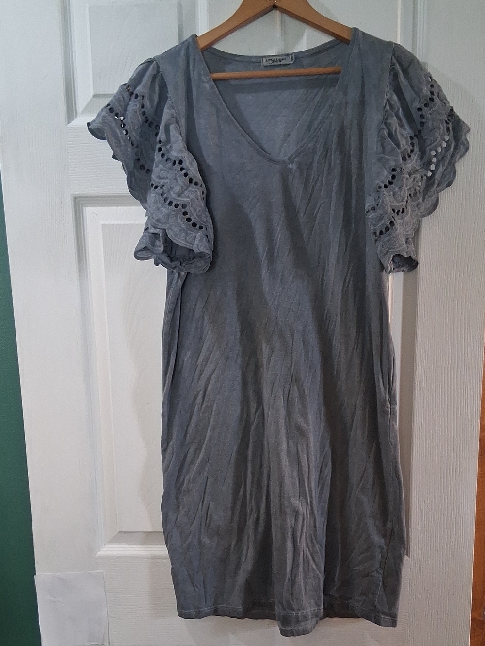 Women's Gray Eyelet Flutter-Sleeve Tunic Dress-Made In Italy- 100% Cotton